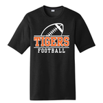 A black short-sleeve crewneck t-shirt featuring a graphic design on the front with a white football illustration above the word 'TIGERS' in orange and 'FOOTBALL' in white, set against a plain white background.